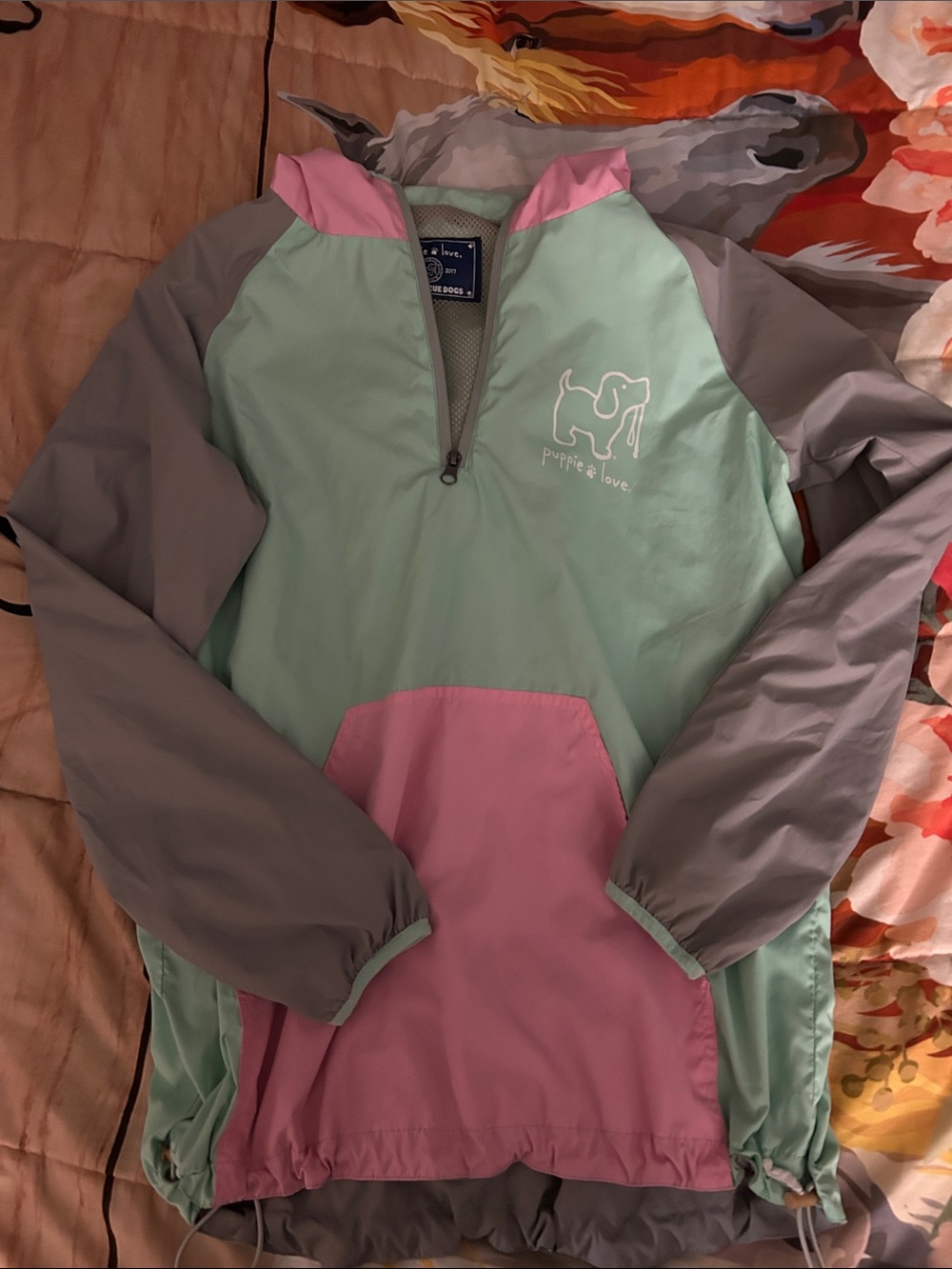 Puppy love - woman’s Mint Green and Pink Pullover Top - Picture 3 of 6